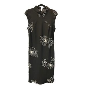 Evan Picone Black Floral Sleeveless Knee Length Dress Cheongsam Style Size 12‎